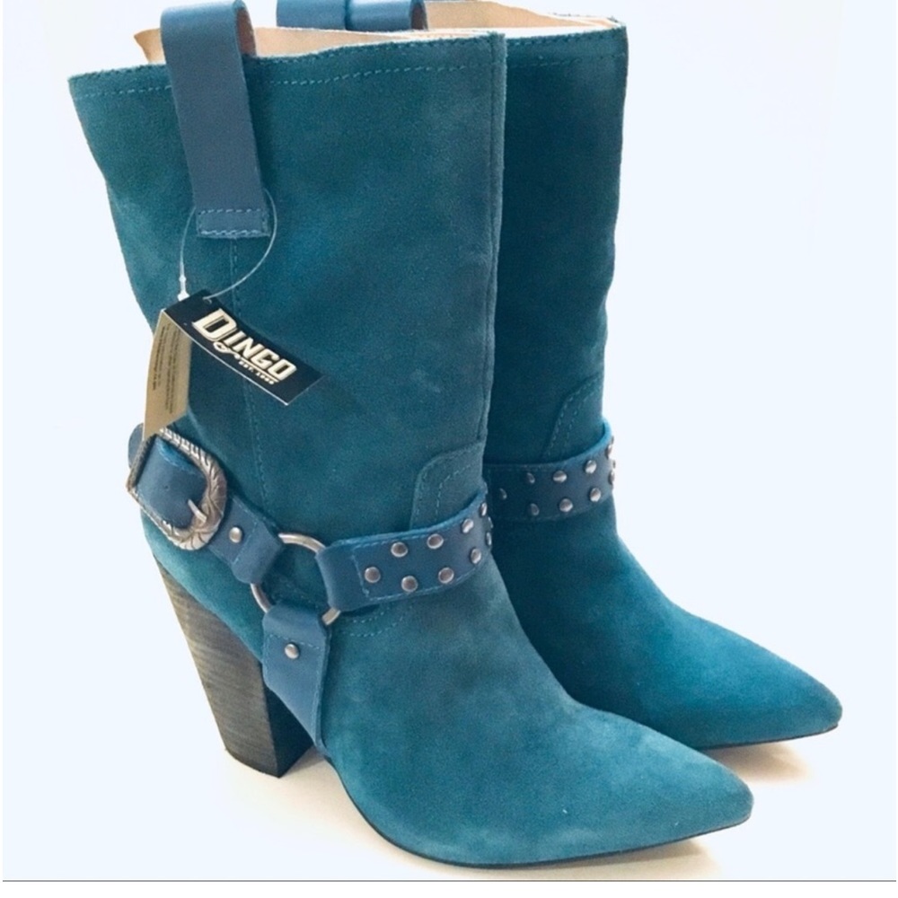 NEW DINGO Blue Suede Cowboy Western Harness Studded Stacked Heel Boots 9.5